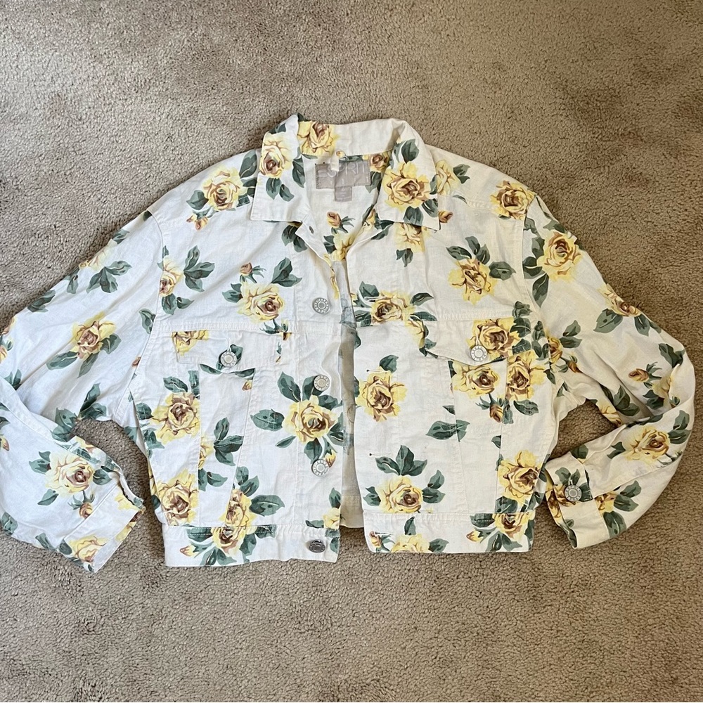 Vintage ESPRIT Sport 80s 90s Floral Rose Print Linen Cotton Blend Jacket size M - Picture 1 of 11